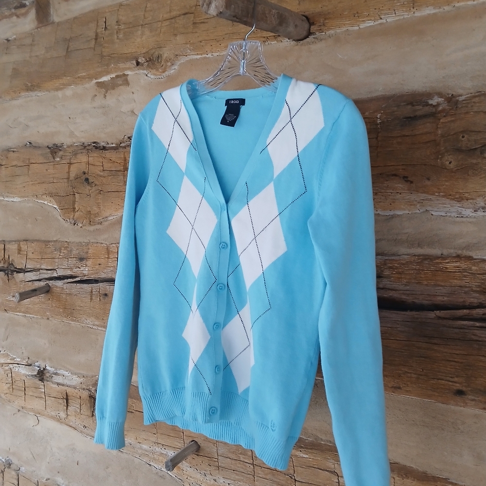 3/$15 Izod Light Blue & Brown Argyle V Neck Cotton Cardigan Size Small - Picture 4 of 8